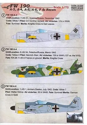Print Scale Decals 1/72 FOCKE WULF Fw-190A Fighters • $9.25