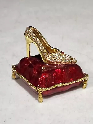 Rhinestone High Heel Shoe On Red Enamel Goldtone Metal Trinket Box • $21.84