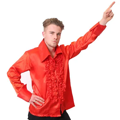 Mens Red 1970's Disco Ruffle Shirts Adults Fancy Dress Costume 70's Frilly Top • £8.99
