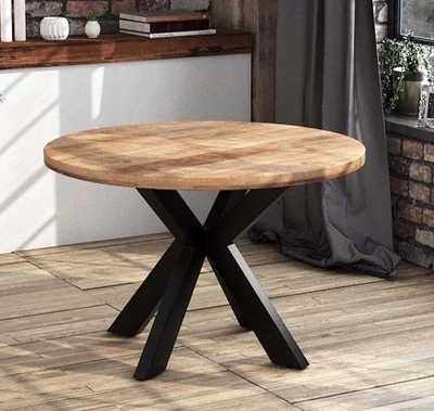 £349.95 • Buy Round Solid Mango Wood Dining Table | Black Iron X Base - 120cms