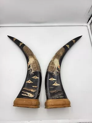 Vintage Bison Horns Art ** Hand Carved ** Decor  • $178.11