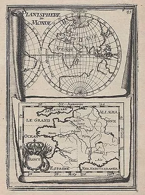 1683 Planisphere Du Monde France 17th Century Copper Plate Engraved Map Mallet  • £45