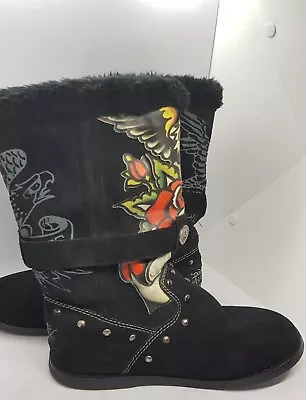 Vintage Ed Hardy Suede Leather Fur Eagle Boots Women's Size 9 Us • $55