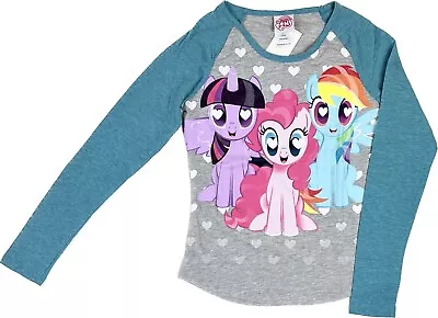 My Little Pony Girls Grey Blue Long Sleeve Glitter Hearts Print T Shirt L 10-12 • $24.95