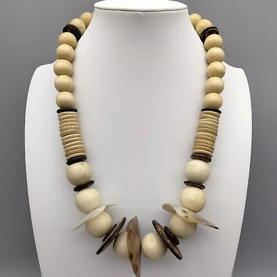 Coconut MOP Shell Tropical Wood Disc Beads 18  Necklace VTG Boho Chunky Funky • $18.99