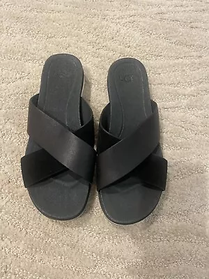 UGG Woman's Kari Black Leather Slide/sandal SZ 6 US EUR 37 BNWOB • $25