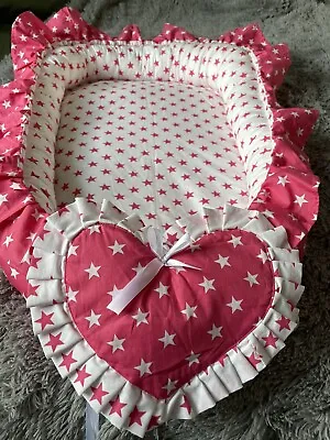 UK Handmade Baby Nest Pod Cocoon Bed Sleep Cushion With Mattress Pink & White • £29.85