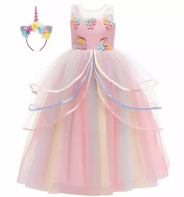 Girls Unicorn Dress Rainbow Tutu Party Costume & Headband For Birthday Halloween • £18.95