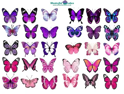 30x Pink & Purple Butterflies Edible CupCake Toppers Rice Icing & Precut Rice • £3.45