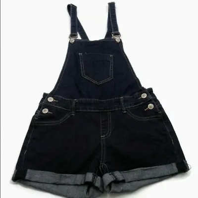 I & M Jeans Shortalls Dark Denim Shorts Small Rolled Hem Chest Pocket 90s Style • $15.75
