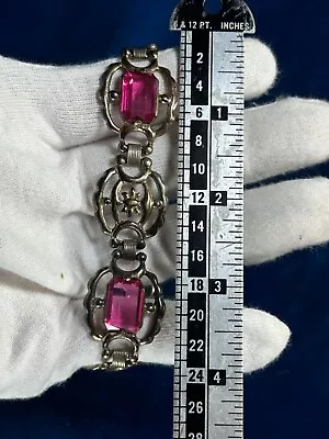 Vintage Sterling Silver And Amethyst Glass Bracelet W Safety Chain Pink Purple • $8.99