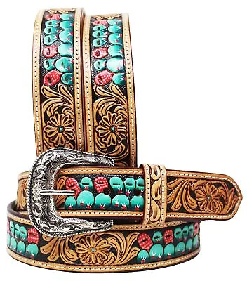 Western Antique Basket Weave Tooled Beaded Full-Grain Leather Belt Cactus 26FK56 • $67.99