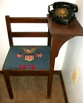 MID CENTURY WALNUT GOSSIP BENCH NEEDLEPOINT SEAT AMERICANA +ROTARY Telephone • $259.99