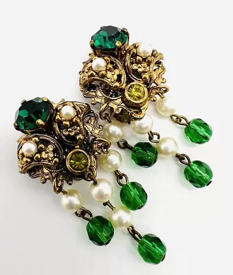 WEST GERMANY Green Rhinestone Beaded Dangle Earrings Signed Vintage Jewelry • $88.50