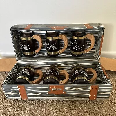 VTG NEW BOX 6 Siesta Ware Cowboy Western Mugs Amber Glass Beer MCM Wood Handle • $49.99