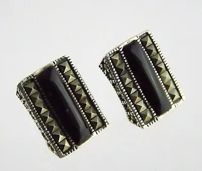 Sterling Silver Black Onyx And Marcasite Stud Earrings 925 .5 Inches 7.9g 3 MISS • $20