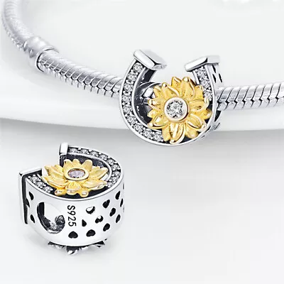 18k Gold Sunflower Lucky Horse Shoe Luck Bead Charm 925 Sterling Silver • £13.99