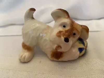 Vintage Brown & White Cute TERRIER Puppy Dog With Ball Figurine - Made In Japan? • $9.95