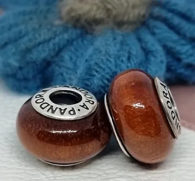 Genuine Pandora Silver & Muirapiranga Wood Charm Brown X 2  💕Retired 2014 • £45