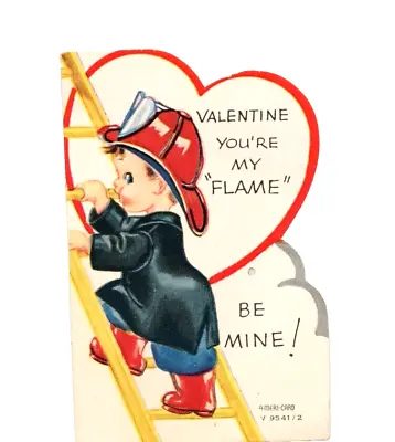 Vintage Card Valentine You're My Flame Boy Firefighter Ladder Be Mine 1930s • $8.96