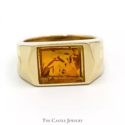 Men's Rectangular Amber Ring In Arrow Designed 14k Yellow Gold Mounting • $995