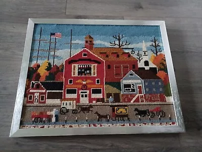 Vintage Farmhouse Americana Needlepoint Picture Completed  Professionally Framed • $29.95
