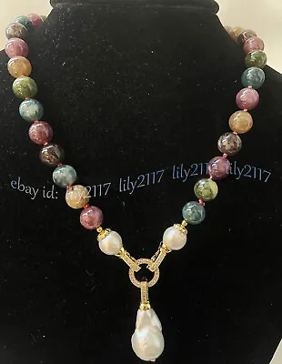 Multicolor Tourmaline Round Gemstone White Keshi Baroque Pearl Pendant Necklace • $12.15