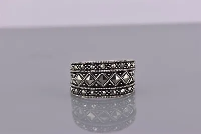 Sterling Silver 11mm Marcasite Accented Tapered Band Ring 925 Sz: 8 • $25.50