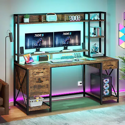 59  Computer Desk With LED Lights & Power Outlets Home Office Desk With Hutch • $172.99