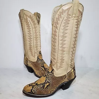 Vintage Laredo Snakeskin Cowboy Boots Women 6.5 US Ivory/White Leather Made USA • $89.99