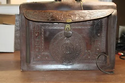 Vintage Mexico Sun Stone Aztec Document Hard Leather Brief Case Bag Brown • $52.97