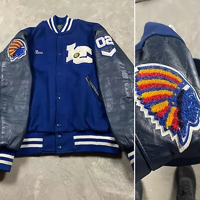 Y2K VTG HOLLOWAY VARSITY Jacket Leather Wool Indian Native American XL Long 00s • $74.99