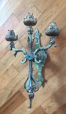 RARE!!  Vintage Wall Sconce Toleware GOTHIC Three LIGHT ELECTRIC LIGHT FIXTURE • $199.99