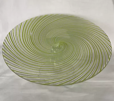 Mid Century Eastern Art Glass Co. Hand Blown Green Swirl Pedestal Cake Stand 10” • $45