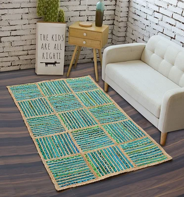 $178.49 • Buy Handmade Green Carpet Fabric With Jute Natural Bedroom Reversible Rug 6x9 Feet
