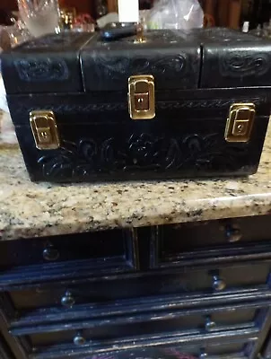 Vintage  Antique Black  Leather Hand Tooled 40s 50s Train Case  • $49.95