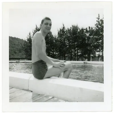 Man Striped Bathing Suit Swimming Pool Vintage Photo Swimsuit Trunks Leggy 135 • $9.95