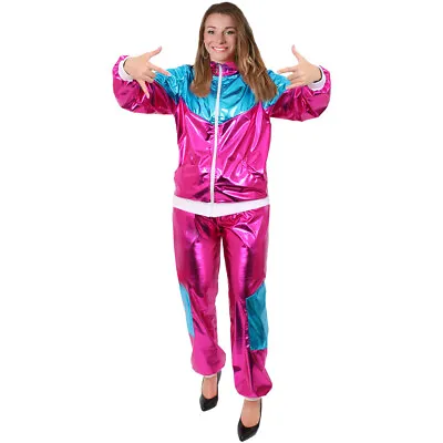 Ladies Pink And Blue Shell Suit 1980s Scouser Chav Shiny Tracksuit Fancy Dress • £18.99