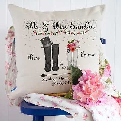 Personalised Welly Boot Wedding Cushion Cover Anniversary Pillow Mr & Mrs KC60 • £12.95