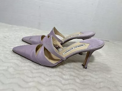 Manolo Blahnik Carolyne Mule Women’s Sz 35 US 45-5 Purple Canvas Point Toe Shoes • $135
