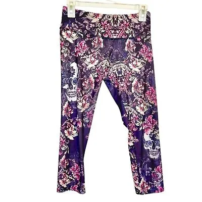 £15.60 • Buy Womens Cropped Leggings Floral Skeleton Print Sz Small Workout Activewear Yoga