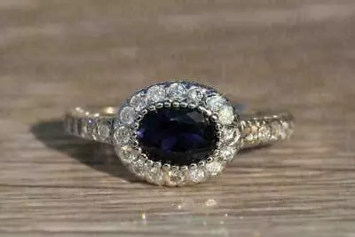 $151 • Buy 4Ct Oval Blue Simulated Sapphire East-West Halo Ring 14K White Gold Plated