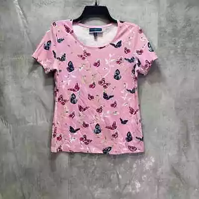 KAREN SCOTT Pink Butterfly Garden Short Sleeve Scoop-Neck Top SZ S • $10