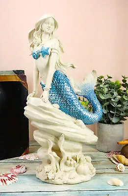 Ebros Ocean Aqua Blue Tailed Mermaid Sitting On Sea Rock Figurine 11.5 H • $37.99