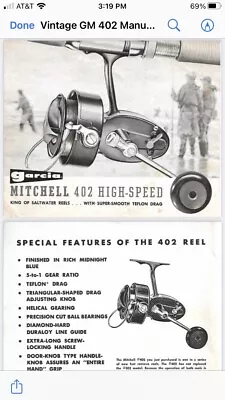 Vintage Mitchell 402 / 403 Salt Water Reel Manual  W / Schematics - PDF Copy • $5