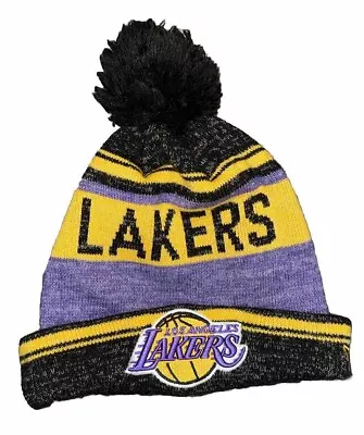 Los Angeles Lakers Knit Beanie Cap Pom Mitchell And Ness Purple/Gray/ Yellow NBA • $11.99