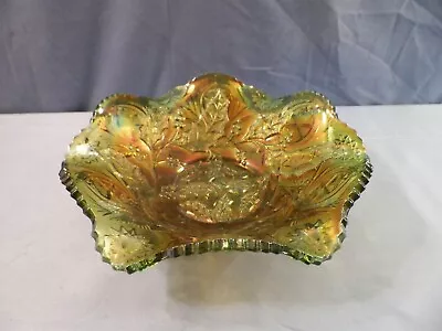 Millersburg Green Carnival Glass Holly Whirl Bowl 9 1/2  Wide • $49.99