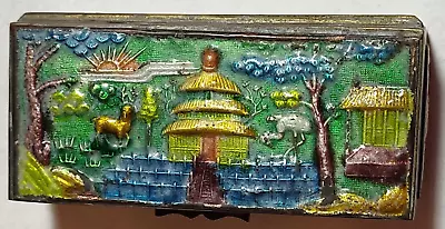 Vintage Chinese Brass Enameled Jewelry Box Temple Pagoda Chinoiseries Circa 1900 • $26.99