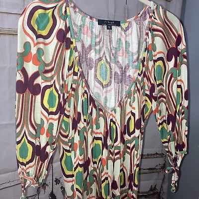 T-BAGS Geometric Abstract Print Multicolor Dress Hippie Boho 3/4 Sleeve Sz S • $20