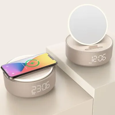 Wireless Charger Speaker Bluetooth Digital Alarm Clock Mirror Lights Night Light • £19.85